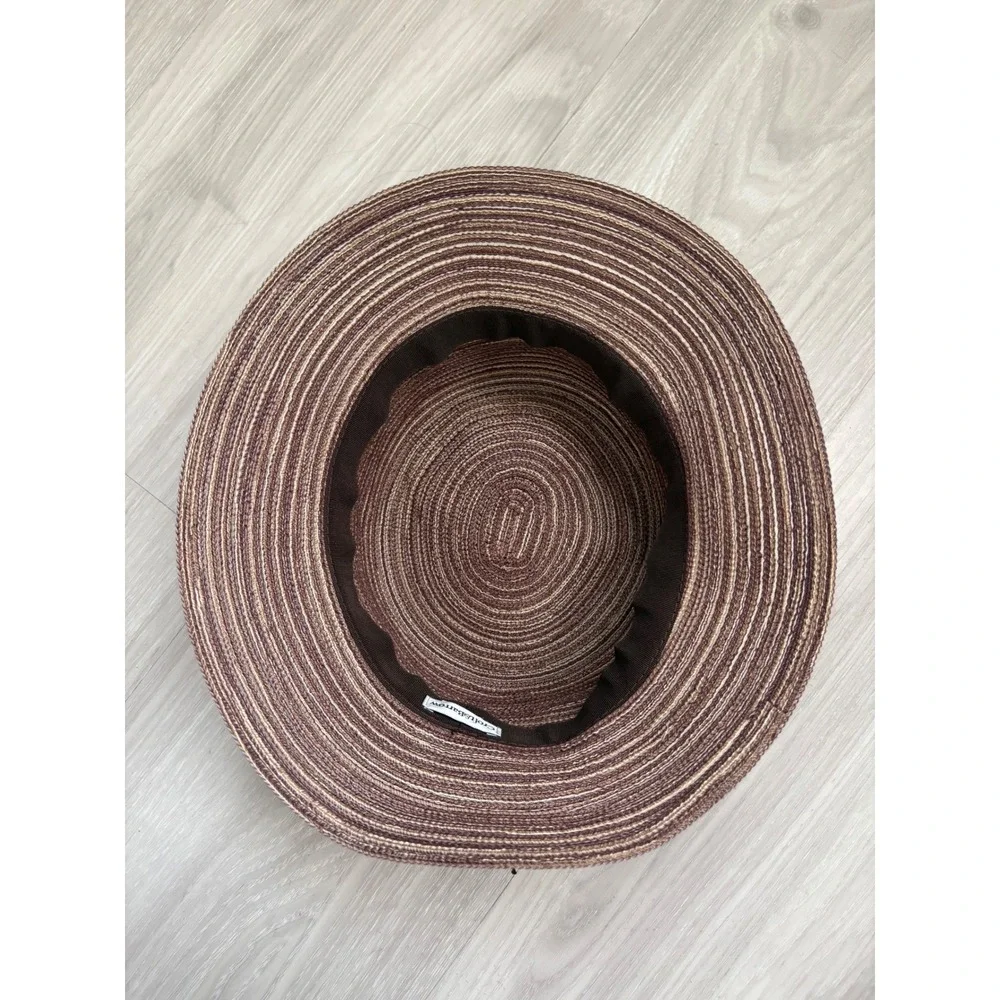 Croft & Barrow Hat Womens Brown Striped Woven Straw Sun Hat Wood Beads Cloche